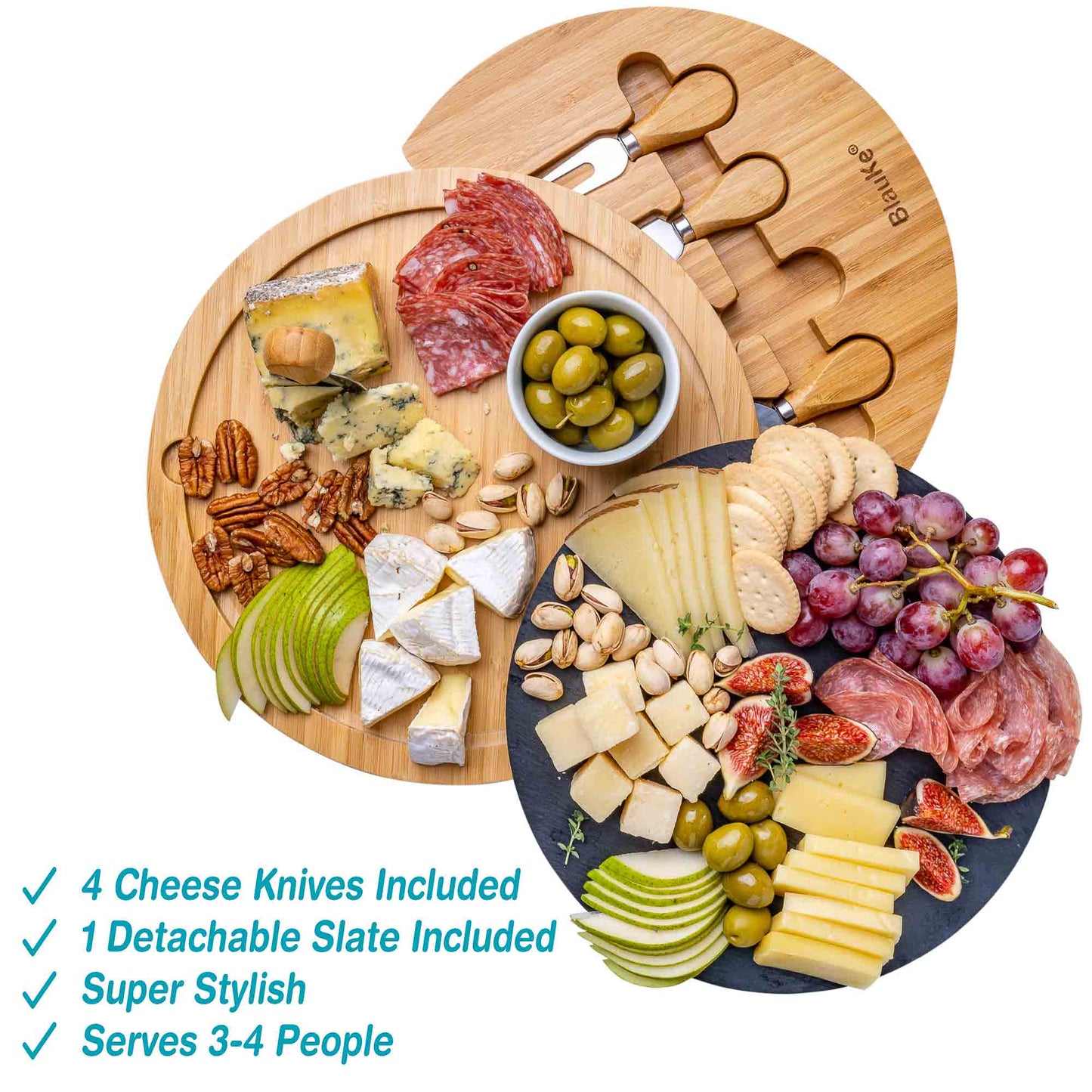 Round Bamboo Cheese Board with Knife Set and Removable Slate - 12 inch